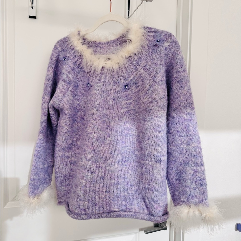 Lavender Fuzzy Trim Women's Sweater